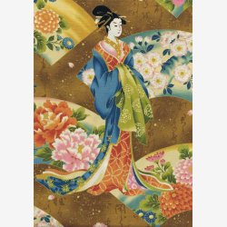 Gheisha og blomster p gylden