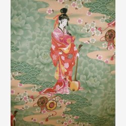 Gheisha med musikinstrument p lys grn