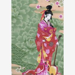 Gheisha med musikinstrument p lys grn