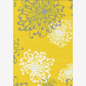 Gr og hvide blomstertegninger p gul